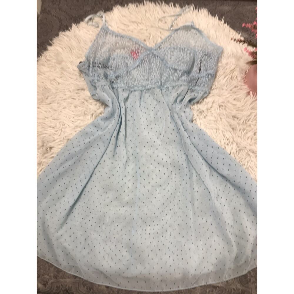 COSMOPOLITAN BABYDOLL Women's XL Chemise Blue See Through Sheer Polka Dot LACE